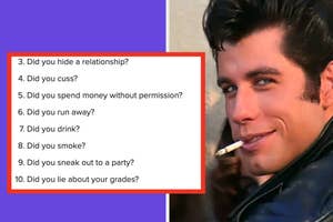 List of questions on left, character resembling John Travolta as Danny Zuko on the right