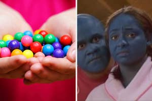Two images: Left shows hands holding multicolored candies. Right is two characters painted blue from the film "Arrested Development."