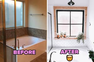 Before and after photos of a bathroom renovation, showing updated fixtures and decor