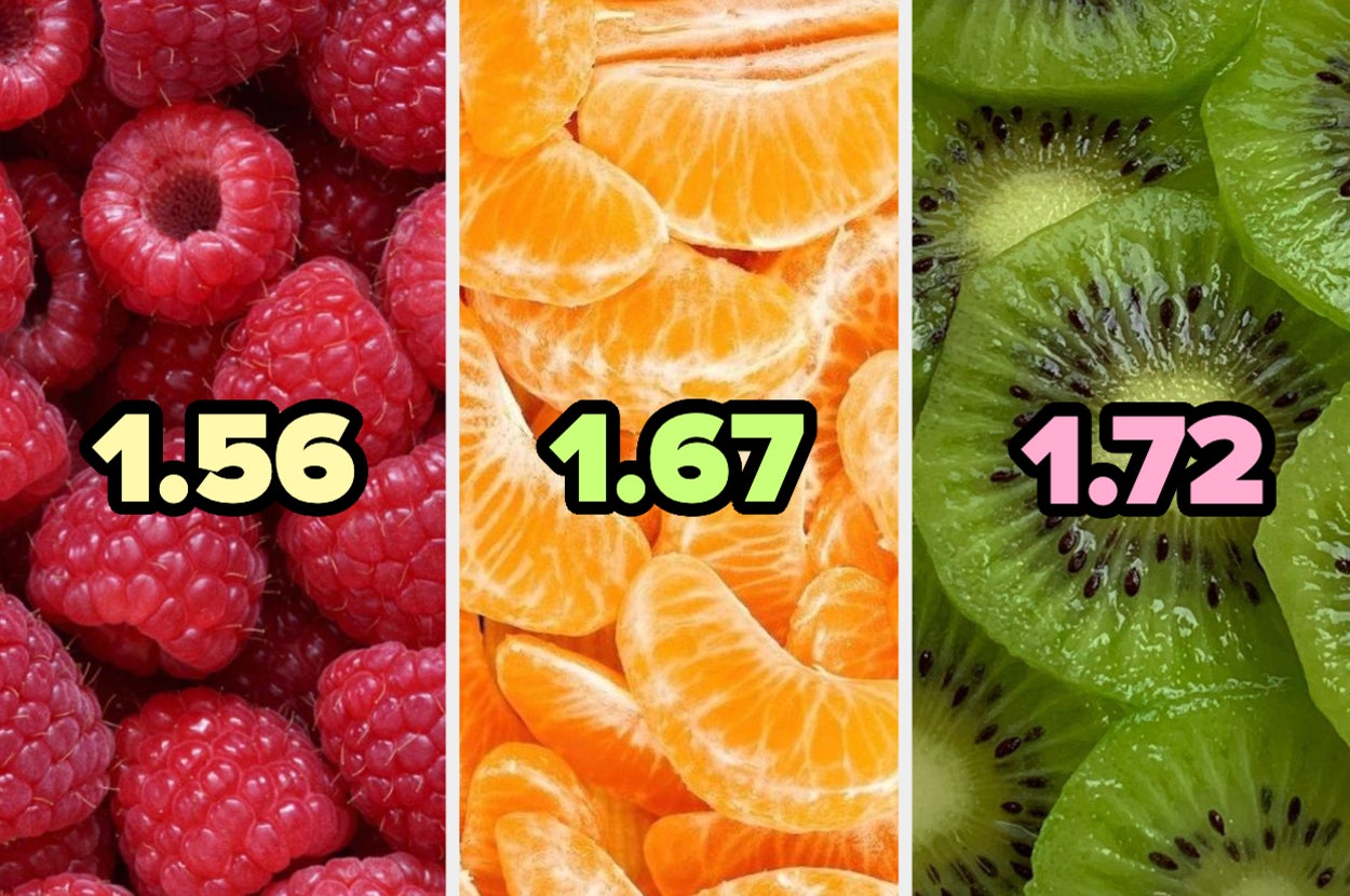 Tres columnas con frambuesas, mandarinas y kiwis, cada una con un número indicando su índice glucémico