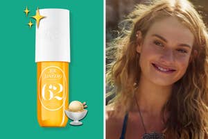 Split image of Sol de Janeiro perfume bottle and a smiling woman with beachy waves in her hair