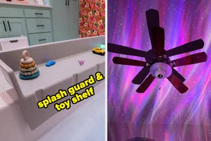 a reviewer's tub with a shelf attached "splash guard and toy shelf" / a reviewer's ceiling with a galaxy light projecting colors and stars