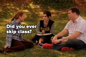 Three characters from the TV show "Mean Girls" sitting on grass engaged in a conversation with caption "Did you ever skip class?"