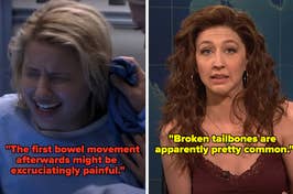 Split image with two women acting in separate scenes, displaying emotions, with captions depicting their lines