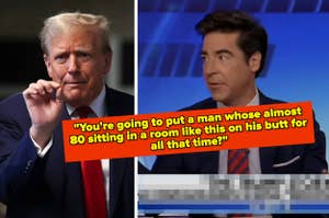 A split image with Donald Trump gesturing on the left, and a man on a TV show with captioned text on the right
