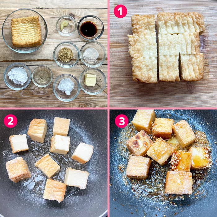料理手順を示す画像。1: 材料が並べられている。2: 角切りの食材がフライパンに。3: 炒めた食材。