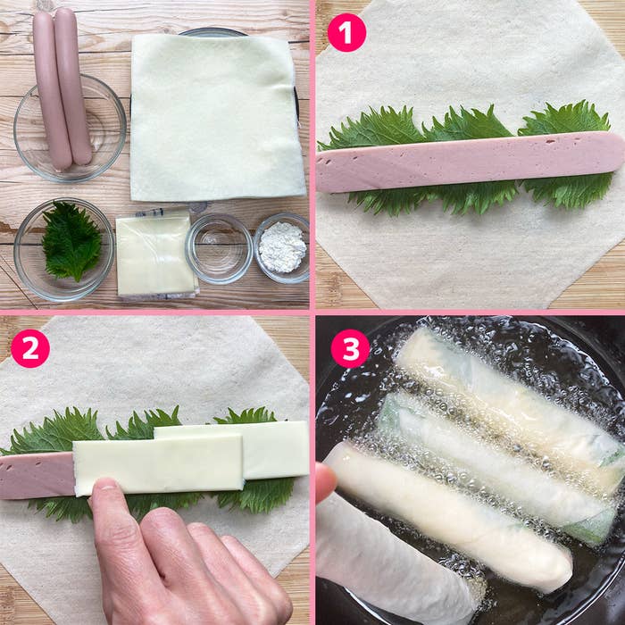 春巻きの作り方を示す4つの画像。1は材料、2と3は巻き方の工程。