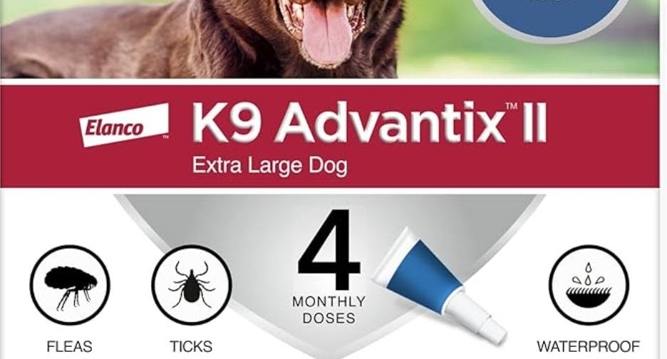 Advertisement for K9 Advantix II flea and tick prevention for extra large dogs, 55+ lbs, with a smiling dog and product images