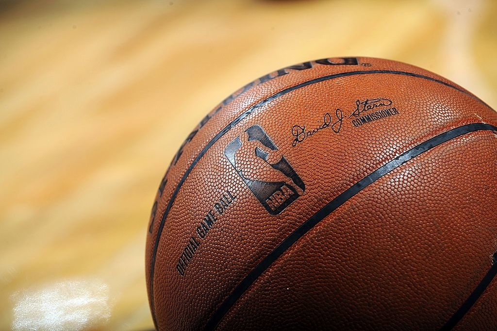 Close-up of a textured basketball with the NBA commissioner&#x27;s signature