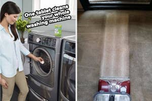Two-part image: left, person with laundry machine; right shows carpet being cleaned. Text promotes a cleaning tablet