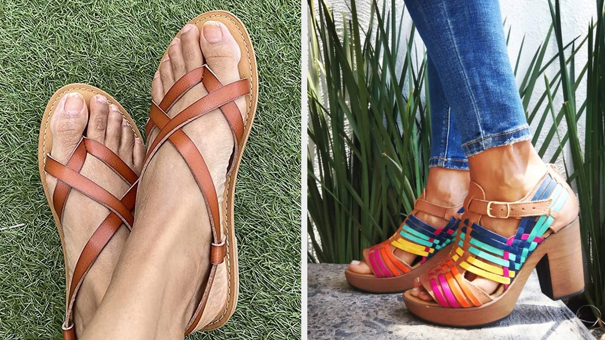 Two different styles of sandals, one flat and one with a chunky heel