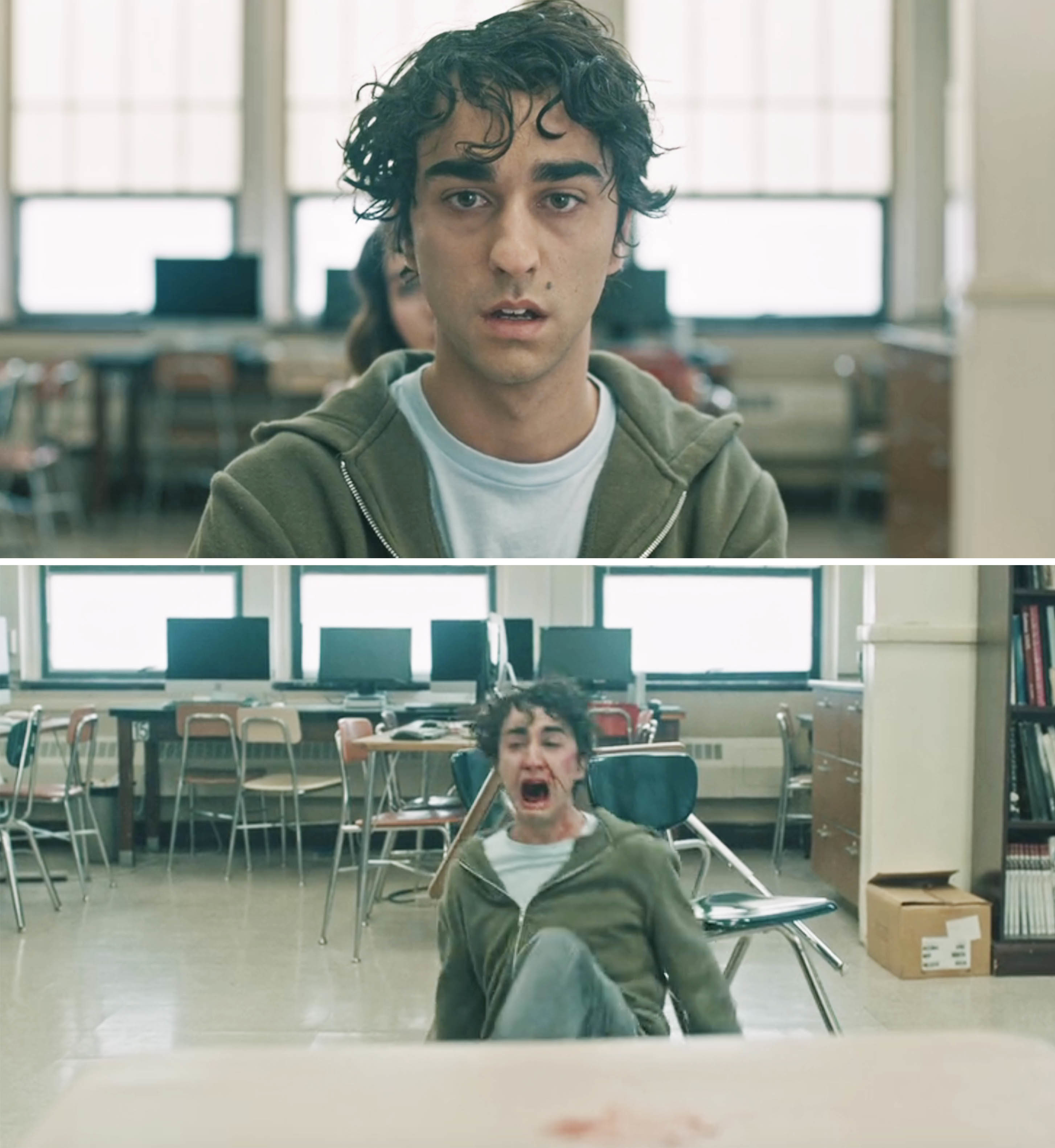 Two scenes of actor Alex Wolff as Peter in the movie &quot;Hereditary&quot; expressing shock and distress in a classroom