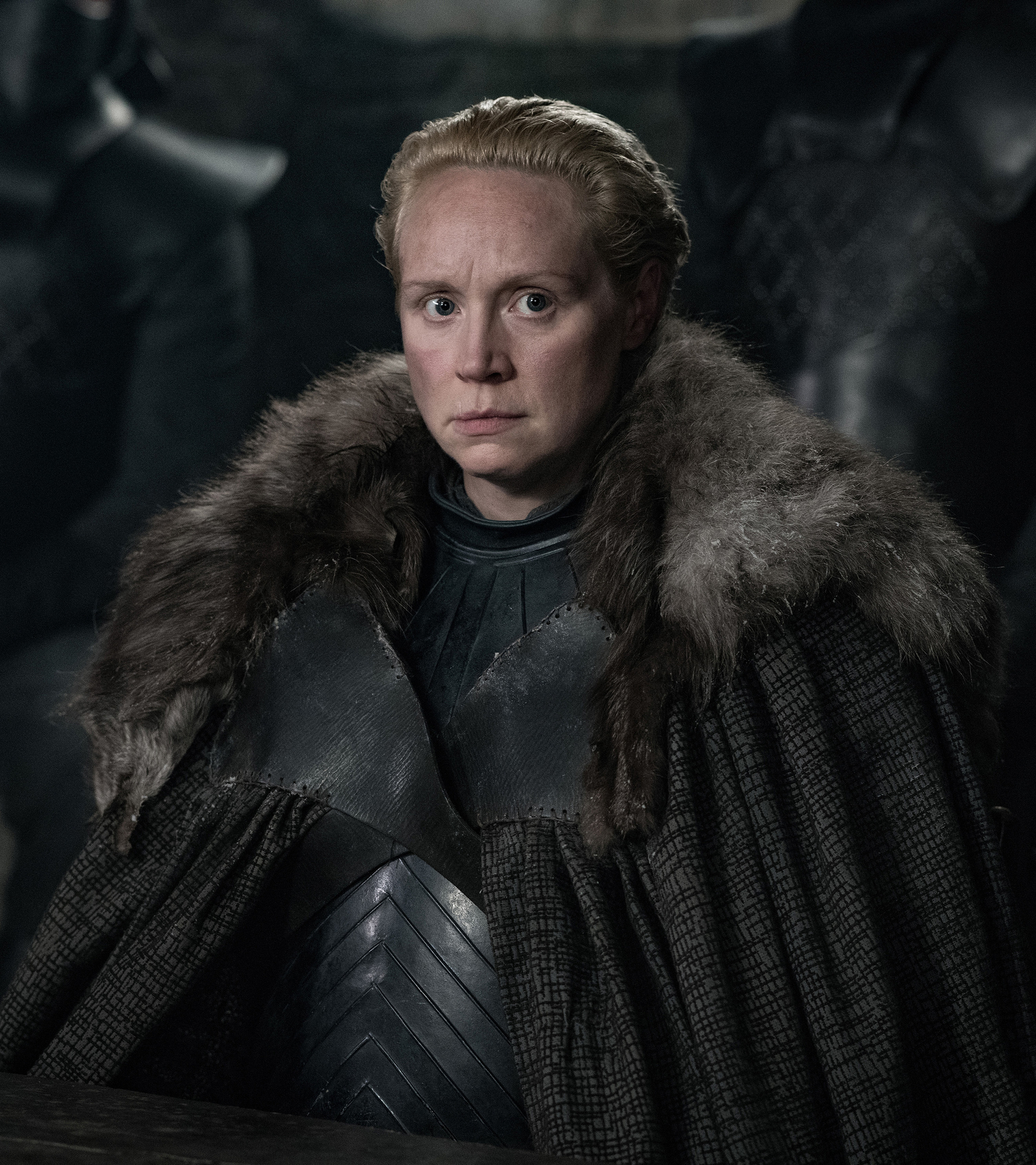 Gwendoline Christie as Brienne of Tarth in armor with a fur cloak from the show &quot;Game of Thrones&quot;