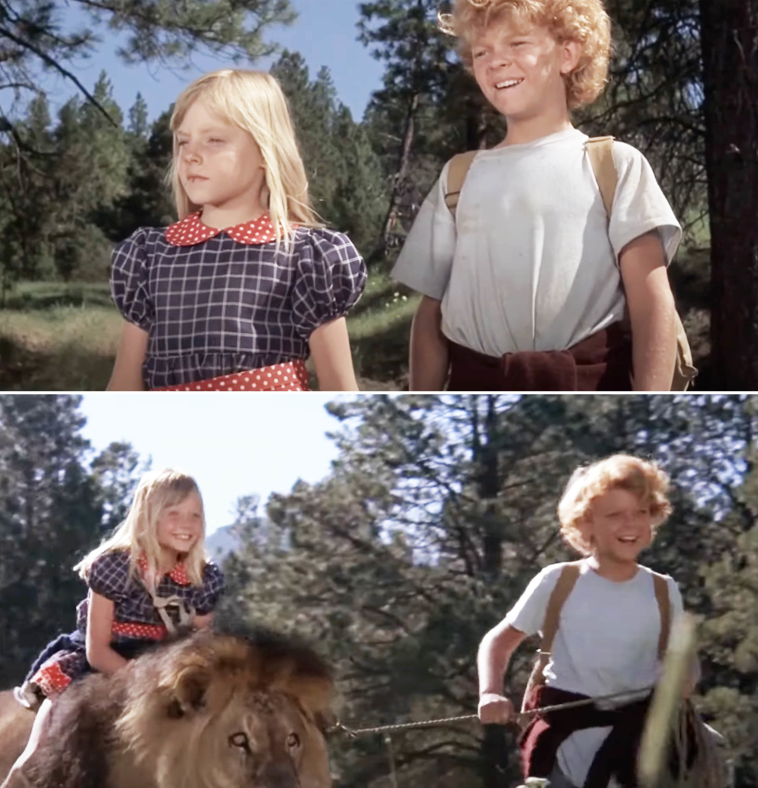 Two scenes from a film with child characters, one being portrayed by Jodie Foster, and a lion