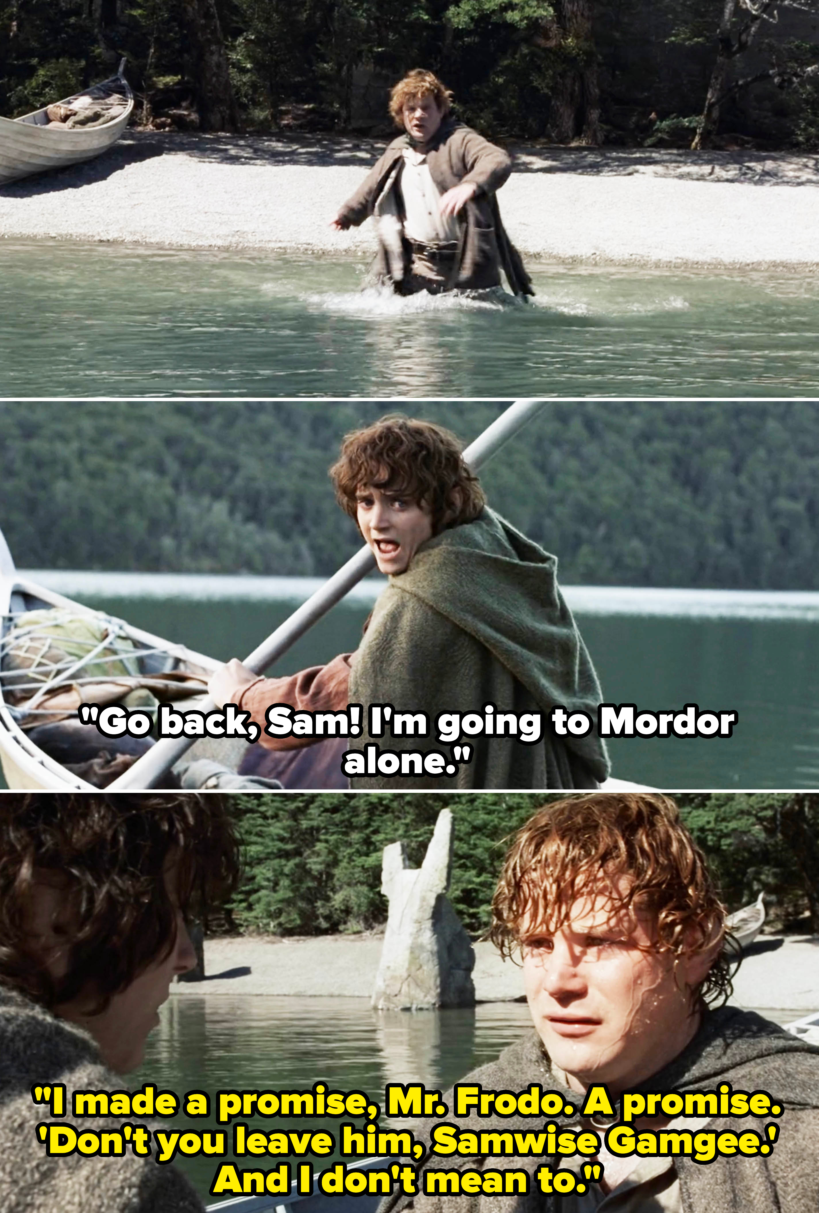 Samwise and Frodo in a boat and having an emotional conversation by a lakeshore