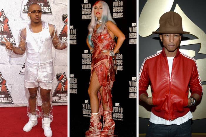 Three celebrities at an event: first in a white outfit with shorts, second in a red meat dress, third in red jacket and brown hat
