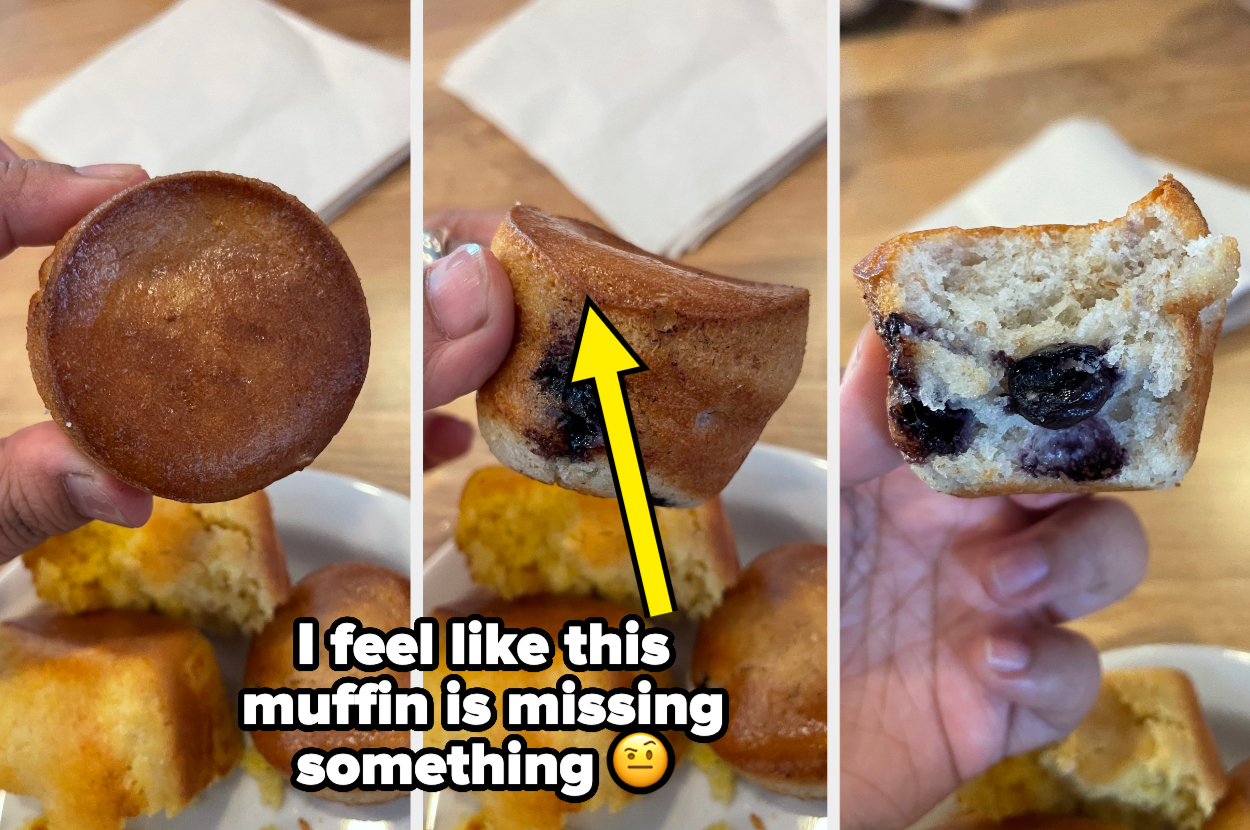 Three images of a blueberry muffin, first whole, then with a bite taken, and lastly showing the inside with few berries