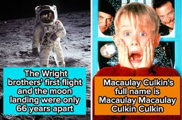 Left: Astronaut on the moon. Right: 'Home Alone' character with surprised expression, text fact about the Wright brothers and Macaulay Culkin