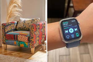 Patterned armchair; a person wearing an Apple watch showing music controls
