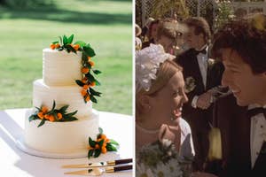Left: A multi-tiered wedding cake with orange floral decorations. Right: An image of a bride and groom smiling at each other