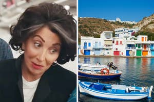 Aunt from "My Big Fat Greek Wedding" with a surprised expression; scenic view of Greek village with boats and buildings