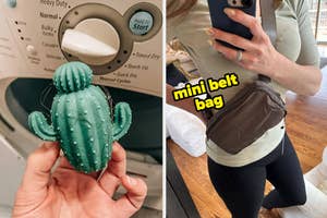 A person holding a cactus-shaped dryer ball and another wearing a mini belt bag while taking a mirror selfie