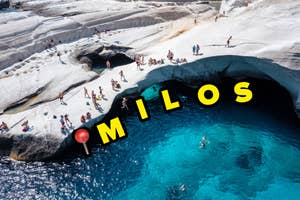 Aerial view of tourists at Sarakiniko Beach on Milos island with the name "MILOS" superimposed