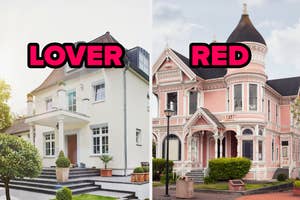 Two contrasting houses split by the words "LOVER RED," signifying a before-and-after style or preference change