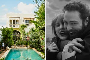 Two-part image: Left shows a lush garden with pool in front of a two-story building. Right shows a joyous couple embracing