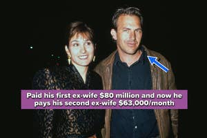 Man in a suit beside a woman in a patterned dress; text about his alimony payments to ex-wives