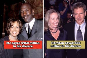 Michael Jordan with a patterned suit next to Whitney Houston; Harrison Ford in a black suit alongside Melissa Mathison with overlay text on their divorce settlements
