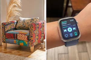 Patterned armchair; a person wearing an Apple watch showing music controls