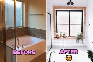 Before and after photos of a bathroom renovation, showing updated fixtures and decor