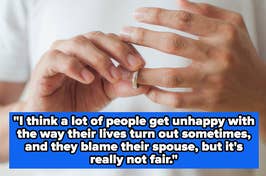 Two hands with one removing a wedding ring, with a quote about marital dissatisfaction