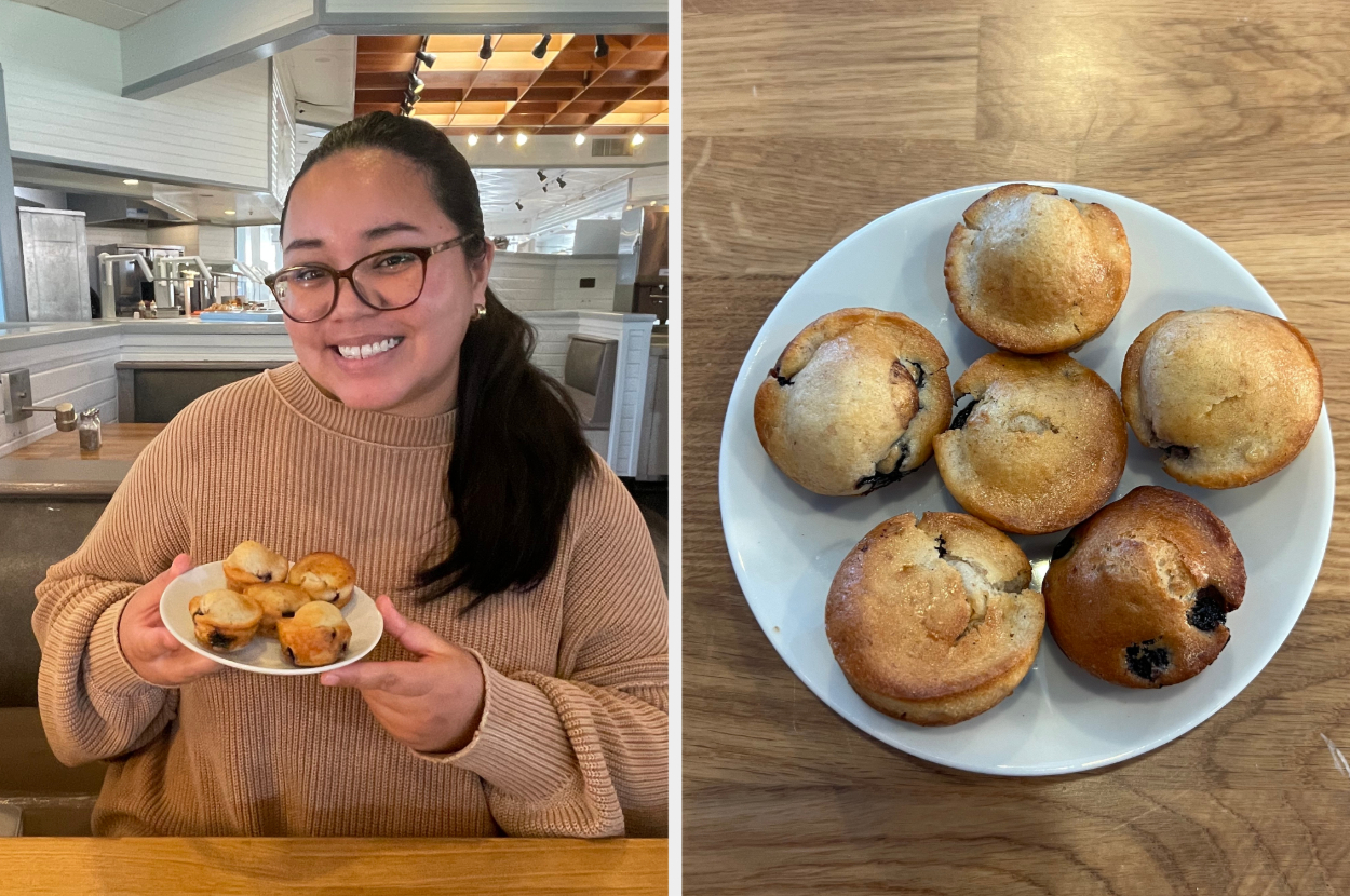 Woman presenting a plate of mini muffins; another plate with larger muffins beside it