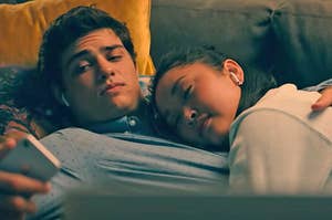 Lara Jean from To All the Boys asleep on Peter's chest