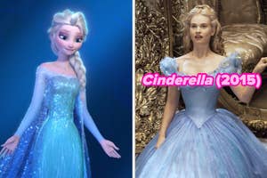 On the left, Elsa from Frozen, and on the right, Lily James from Cinderella