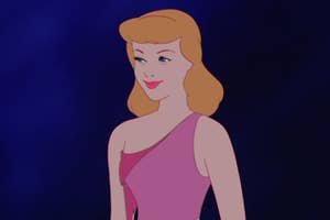Cinderella from Disney's animated film, smiling in a simple dress