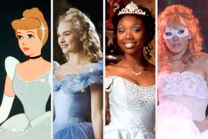 On the left, animated Cinderella, Lily James as Cinderella, Brandy as Cinderella, and Hilary Duff as Sam in A Cinderella Story