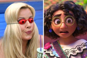 On the left, Jennifer Coolidge wearing novelty glasses as Fiona in A Cinderella Story, and on the right, Mirabel from Encanto looking surprised