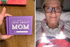Split image: Left shows a hand holding a "What I Love About Mom" book; Right features an elderly woman wearing a headlamp and glasses