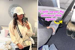 Woman takes selfie in mirror holding phone; text over separate photo of a footrest on an airplane reads a travel quote
