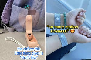 A wearable wrist device designed to prevent motion sickness showcased next to a review quote