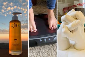 Three images: OSEA body oil bottle, person using a foot massager, and two hand sculptures holding