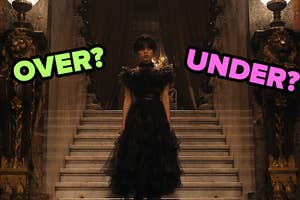 Woman in a layered black dress standing on a staircase with text "OVER?" on the left and "UNDER?" on the right