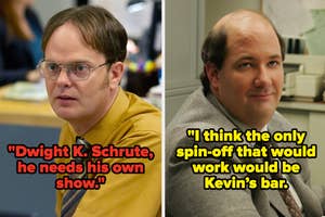 Split image: Left side is TV character Dwight Schrute, right is the character Kevin Malone, both from 'The Office'