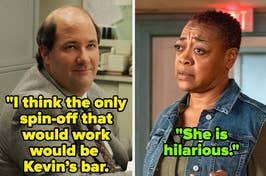Split-screen image of a man on the left and a woman on the right with a quote about a spin-off for Kevin's bar