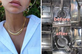 Person wearing gold necklaces with a white top; before and after photos of dirty dishwasher (top) and clean dishwasher (bottom)