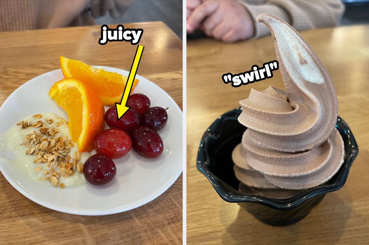 Two images side-by-side: left shows a breakfast plate with fruit and granola, right has a soft serve ice cream in a bowl