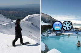 Left: Person snowboarding on a mountain slope. Right: People relaxing in a hot spring pool with snowy background
